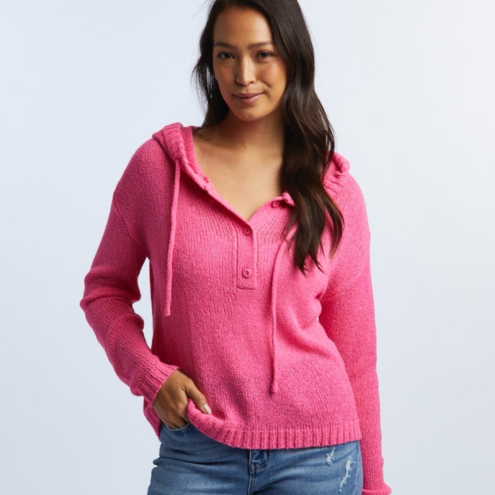 Mia & Tess Hoodie Sweater Womens S Quarter Button Up Pink